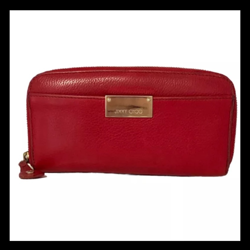 Authentic Jimmy Choo RED Long Zip Around Large Leather Wallet Made In Italy